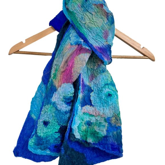 Artisan felted wool and silk scarf in gorgeous blues - 69" x 14"- Reversible - Picture 2 of 7